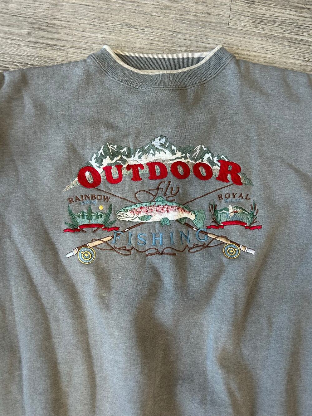 Vintage Red Cliff Trading Co Embroidered Fly Fishing Sweatshirt XXL Grey Trout